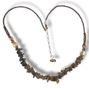 Gold Tone Tiger's Eye Stone Chip Beaded Necklace 16"-18" Boho
